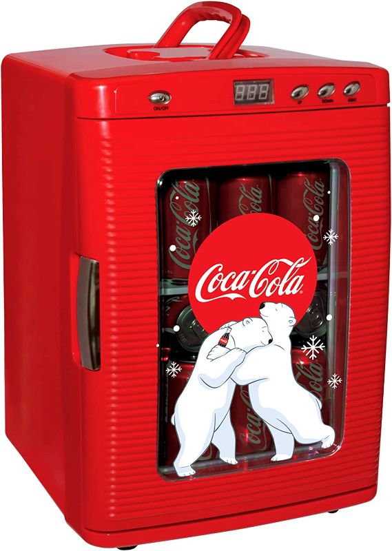 Photo 1 of Coca-Cola Polar Bear 28 Can Cooler/Warmer w/ 12V DC and 110V AC Cords, 25L (28 qt) Portable Mini Fridge w/Display Window, Travel Refrigerator for Snacks Lunch Drinks, Desk Home Office Dorm, Red
