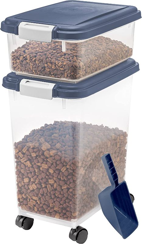 Photo 1 of IRIS USA 3-Piece or 2-Piece 35 Lbs / 45 Qt WeatherPro Airtight Pet Food Storage Container Combo and Treat Box for Dog Cat Bird Food, Keep Pests Out, Translucent Body
