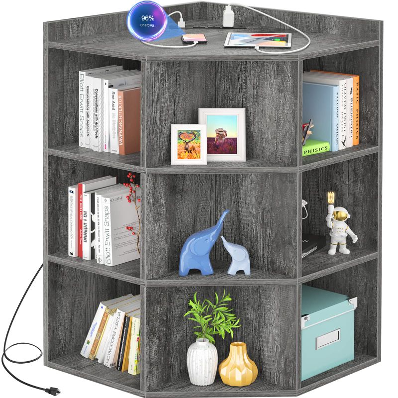 Photo 1 of Aheaplus Corner Cabinet, Corner Storage with USB Ports and Outlets, Corner Cube Toy Storage for Small Space, Wooden Cubby Corner Bookshelf with 9 Cubes for Playroom, Bedroom, Living Room