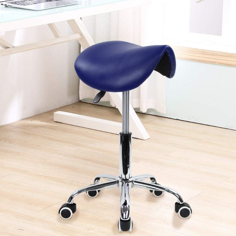 Photo 1 of KKTONER Rolling Saddle Stool PU Leather Swivel Adjustable Rolling Stool with Wheels Salon Chair (Blue)
