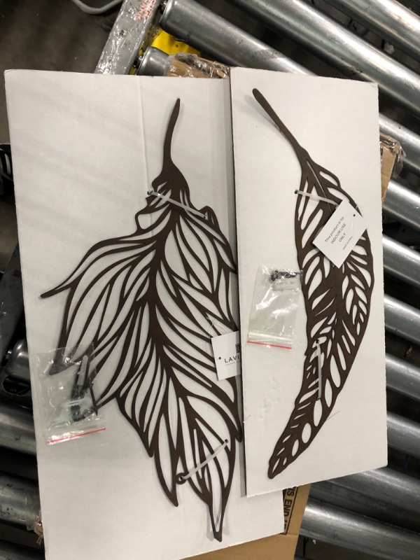 Photo 2 of Home Lavish Decor-Set of Two Metal Feather Hanging Wall Art Laser Cut Contemporary Nature Sculpture for Living Room, Bedroom, Kitchen (Brown), 9.25” L x .05" W x 19.75" H