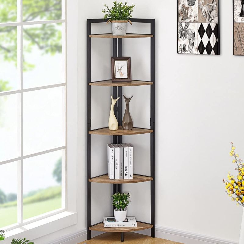 Photo 1 of FATORRI Industrial Corner Shelf, 5 Tier Tall Corner Bookshelf, Wood and Metal Corner Bookcase (Rustic Oak)…
