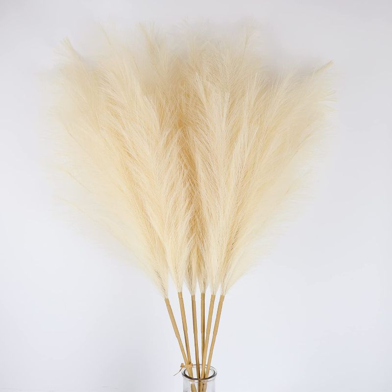 Photo 1 of 6 Pcs Faux Pampas Grasses Fluffy 39inch Artificial Pompass Grass Decor Tall Bulrush for Wedding Decor, Extra Large Fake Fluffy Flower Decoration for Home Boho Decor, Cream Beige