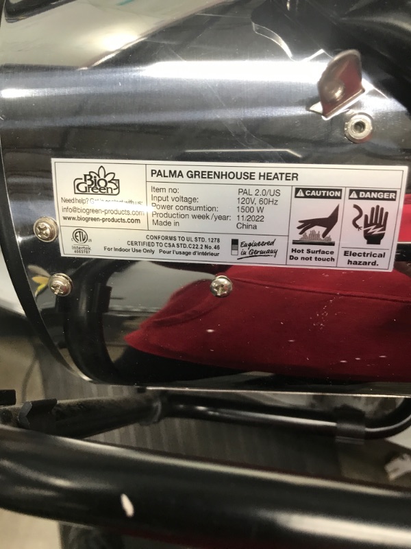 Photo 4 of Bio Green PAL 2.0/US Palma BioGreen Basic Electric Fan Heater for Greenhouses, 2 Year Warrenty