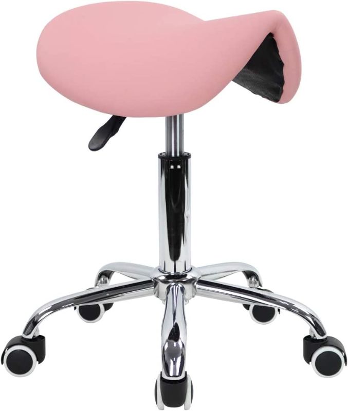 Photo 1 of KKTONER Rolling Saddle Stool PU Leather Swivel Adjustable Rolling Stool with Wheels Salon Chair (Pink)
