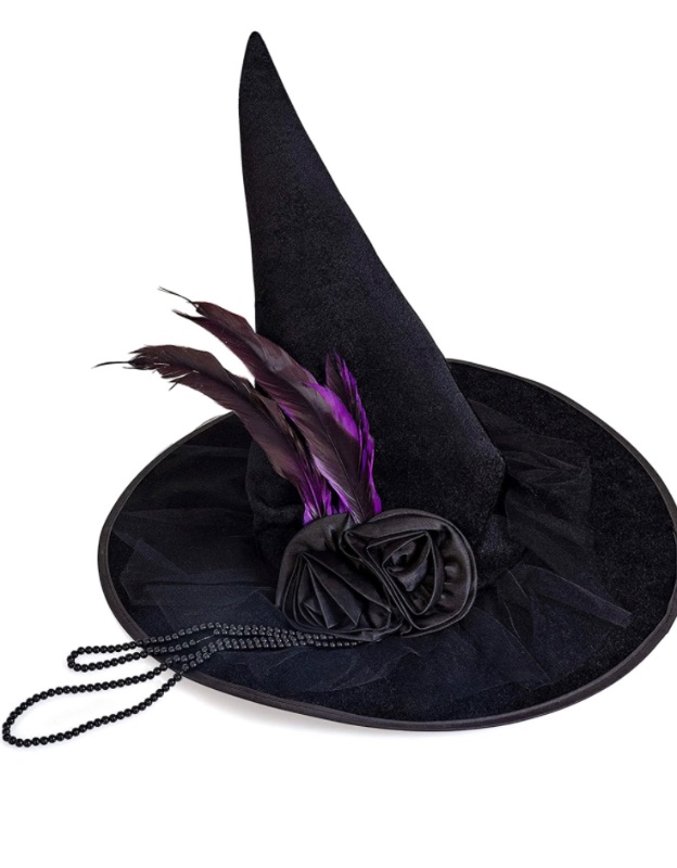 Photo 1 of Skeleteen Deluxe Pointed Witch Hat - Glamorous Black Witches Accessories Fancy Velvet Hat with Flowers, Beads and Purple Feathers