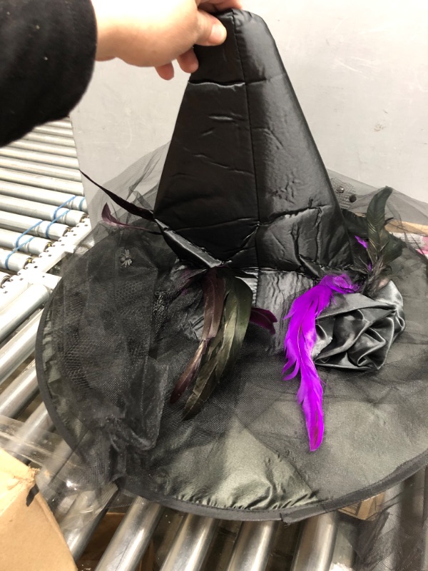 Photo 2 of Skeleteen Deluxe Pointed Witch Hat - Glamorous Black Witches Accessories Fancy Velvet Hat with Flowers, Beads and Purple Feathers