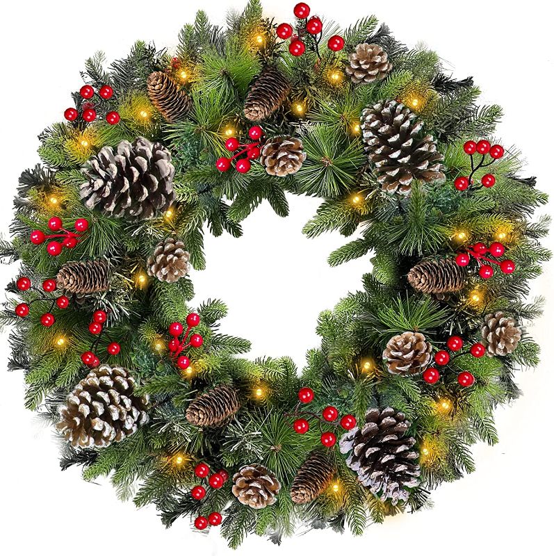 Photo 1 of 26 Inch Super Large Thick Prelit Christmas Wreath Realistic Feel 80 Lights Timer for Front Door Battery Operated Double Frame 228 Branches 60 Red Berries...
