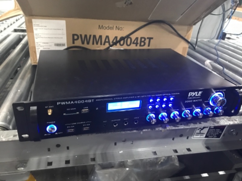 Photo 1 of Pyle PWMA4004BT Powerful 3000 Watt 4 Channel Bluetooth Hybrid Amplifier Receiver with 2 Battery Powered Handheld Microphones and Remote Control