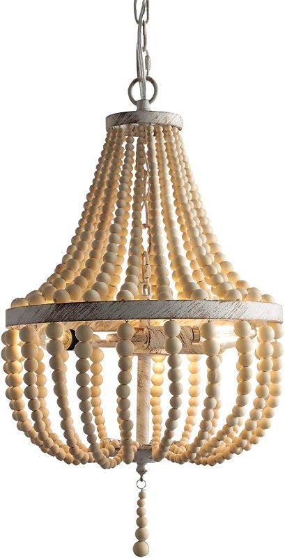 Photo 1 of 3-Light Mini Bohemian Wood Beaded Chandelier Pendant Boho Light Fixture,Antique Metal Finish Natural Color Wooden Beads, for Bathroom,Living Room,Entryway and Bedroom…
