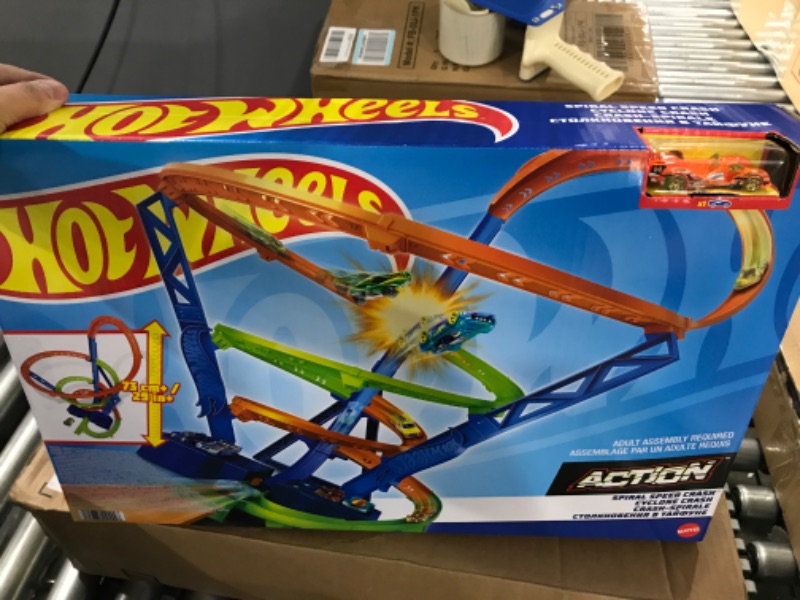 Photo 4 of ?Hot Wheels Track Set and 1:64 Scale Toy Car, 29" Tall Track with Motorized Booster for Fast Racing, Action Spiral Speed Crash Playset???? SHIPS IN OWN CONTAINER
