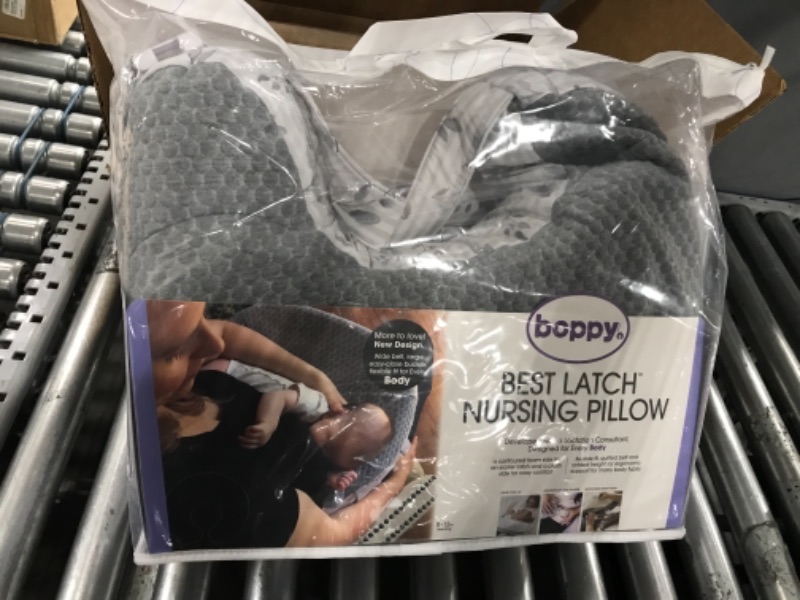 Photo 2 of Boppy Nursing Pillow—Best Latch | Plus-Sized Breastfeeding Pillow with Belt Designed with Lactation Consultants | Fits All Body Types | Machine Washable| Leaf Stripe and Soft Textured Gray Gray Leaf Stripe