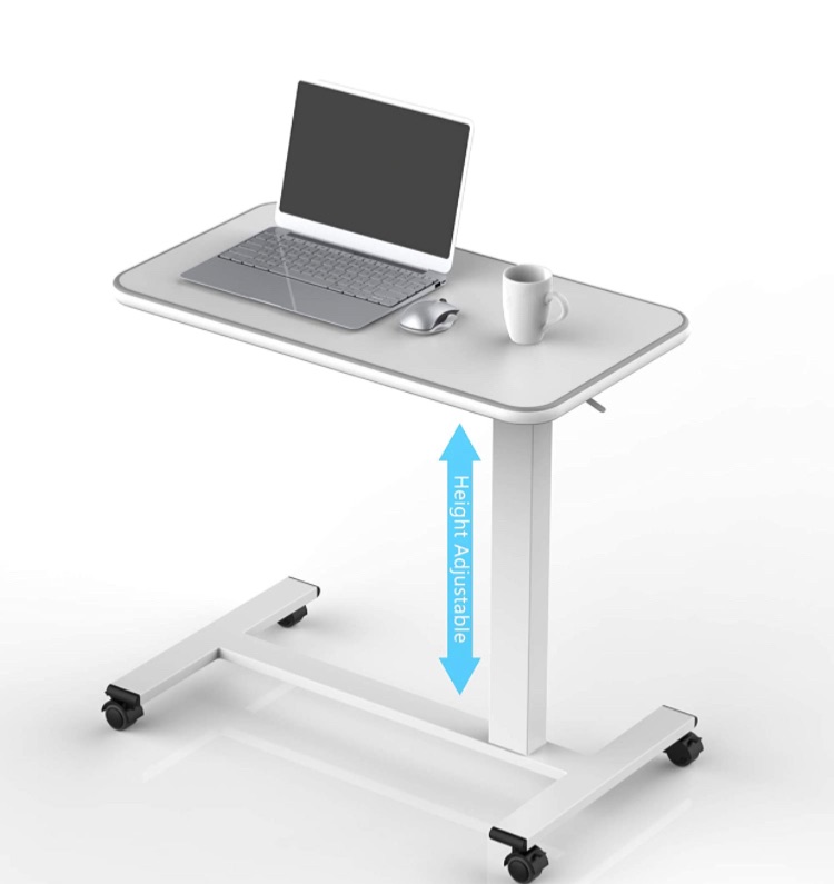 Photo 1 of HIROSHI Reinforced Pneumatic Overbed Table with Lockable Wheels Portable Laptop Workstation Mobile Sitting Standing Desk for Home Office Height Adjustment 29"-44"