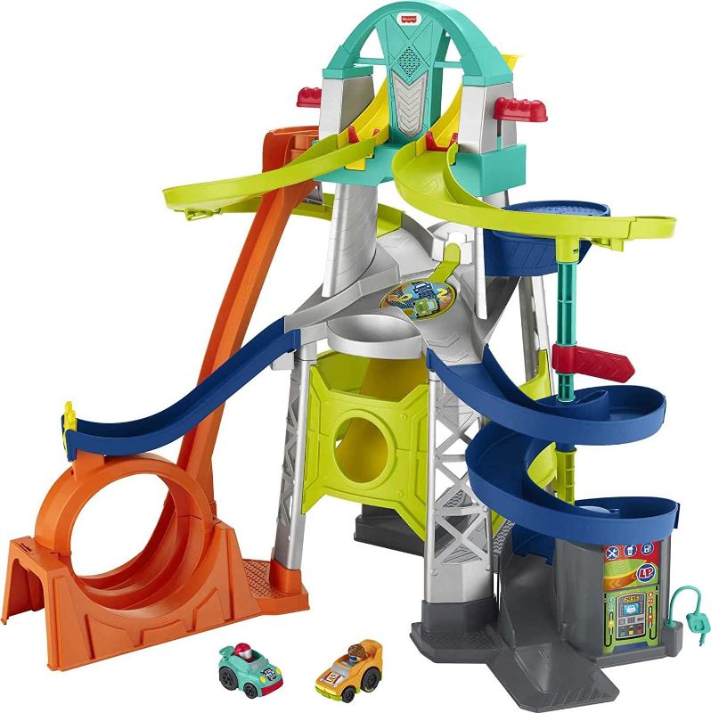 Photo 1 of Fisher-Price Little People Toddler Race Track Playset with Lights Sounds and Hot Wheels Racing Loop, 2 Wheelies Cars, Launch & Loop Raceway?
