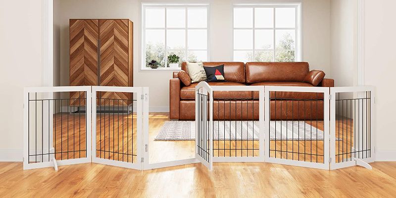 Photo 1 of **USED**
PAWLAND 144-inch Extra Wide 30-inches Tall Dog gate with Door Walk Through, Freestanding Wire Pet Gate for The House, Doorway, Stairs, Pet Puppy Safety Fence, Support Feet Included, White,6 Panels
