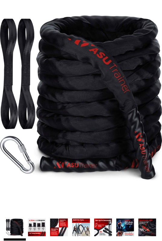 Photo 1 of ASU Trainer Poly Dacron Weighted Battle Rope – Indoor/Outdoor Heavy Rope with Sleeve, Heat-Shrink Handles, & Anchor Kit – Boxing/Fitness/Exercise Equipment for Home Gym