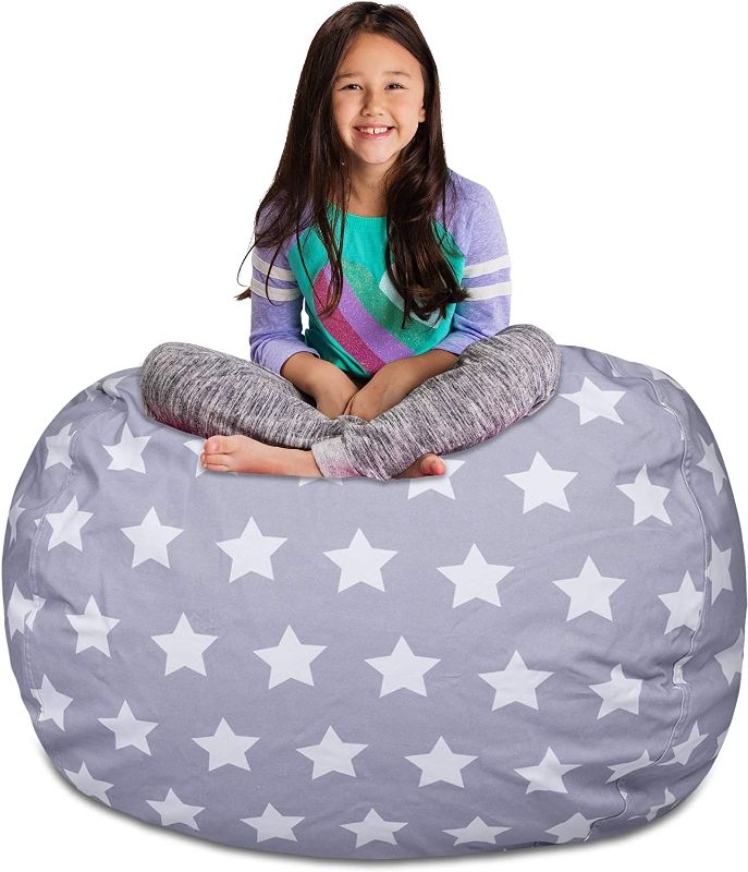 Photo 1 of Posh Creations Kids Stuffed Animal Storage Bean Bag Chair Cover - Childrens Toy Organizer, X-Large-48in, Canvas White Stars on Gray
