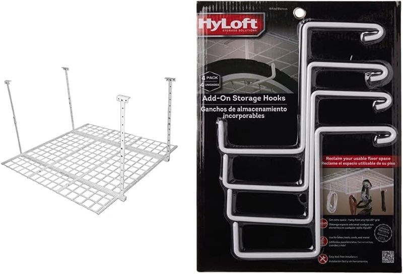 Photo 1 of HyLoft 00540 45-Inch by 45-Inch Overhead Storage System, Ceiling Mount Garage Organization Rack, White & 00212 Add-On Storage Hook Accessory for HyLoft Model-540 Ceiling Rack, 4 Count
