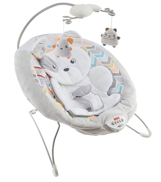Photo 1 of ?Fisher-Price Sweet Snugapuppy Deluxe Bouncer, Portable Bouncing Baby Seat with Overhead Mobile, Music, and Calming Vibrations