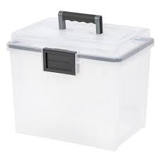 Photo 1 of *damaged*- IRIS USA 19 Quart WEATHERPRO Plastic Office Storage Portable Letter Size File Box with Organizer-Lid and Seal and Secure Latching Buckles, Weathertight, Clear with Black Buckle, - Clear w/ Handle File Box
