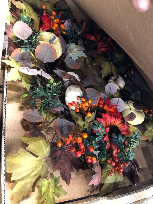 Photo 2 of 30in. Fall Acorn, Sunflower, Berries and Autumn Foliage Artificial Wreath 30 In. W x 6 In. D x 30 In. H Orange