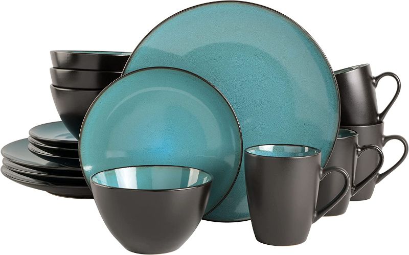 Photo 1 of ***CHIPPED ON TWO PLATES*** Gibson Soho Lounge Round Reactive Glaze Stoneware Dinnerware Set, Service for 4 (16pc), Teal