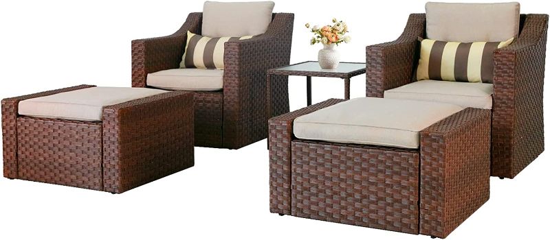Photo 1 of **ONLY ONE BOX OUT OF THREE**Incomplete (Parts ONly) - SOLAURA 5 Piece Patio Conversation Set Outdoor Furniture Set, Brown Wicker Lounge Chair with Ottoman Footrest, W/Coffee Table & Cushions (Beige) for Garden, Patio, Balcony, Deck
