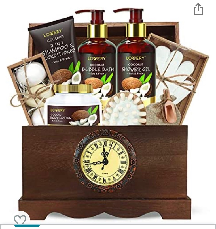 Photo 1 of BROKEN OFF LID***Mens Christmas Gift, Bath Set in a Vintage Style Wooden Clock Box, 13Pc Premium Coconut Spa Kit for Men & Women, Body Lotion, Handmade Soap, Bath Bomb, Coconut Shampoo & Conditioner, Massager and More