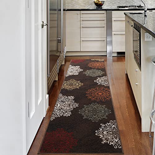 Photo 1 of Antep Rugs Alfombras Modern Floral 2x10 Non-Skid (Non-Slip) Low Profile Pile Rubber Backing Indoor Area Runner Rugs (Brown, 2' X 10')