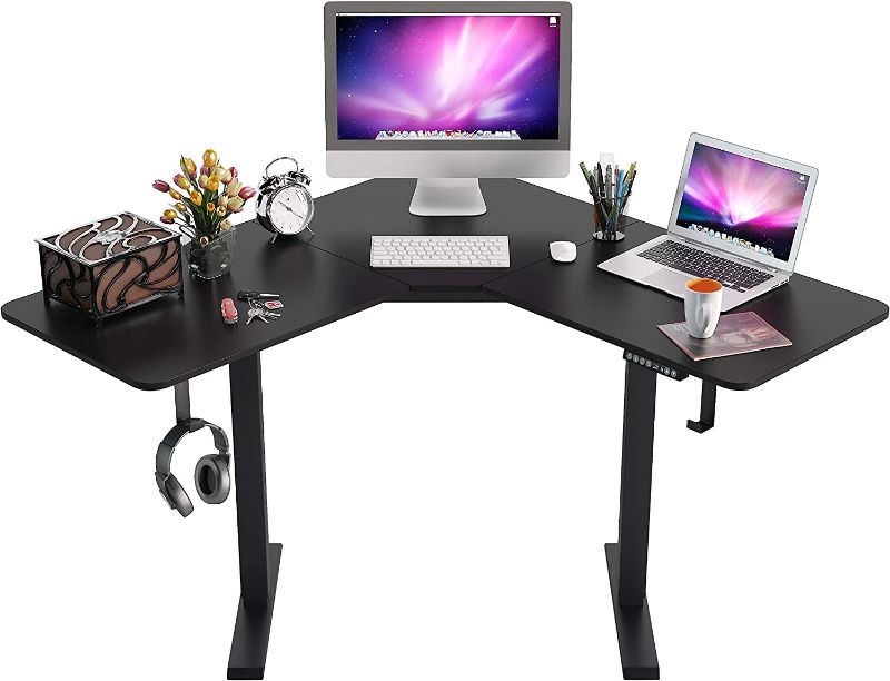 Photo 1 of L-Shaped Standing Desk,Height Adjustable Electric Corner Desk,48 Inches Home Office Table with Splice Board,Dual Motor Home Office Desks Black Frame 