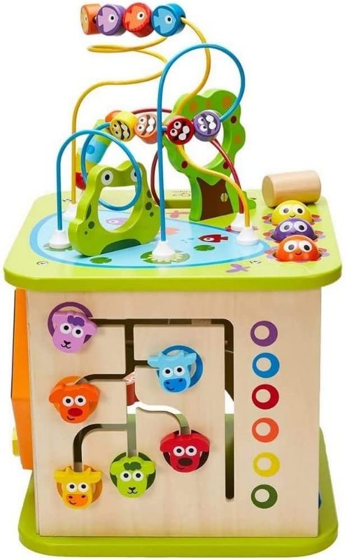 Photo 1 of Country Critters Wooden Activity Play Cube by Hape | Wooden Learning Puzzle Toy for Toddlers, 5-Sided Activity Center with Animal Friends, Shapes, Mazes, Wooden Balls, Shape Sorter Blocks and More, 13.78 x 13.78 x 19.69 inches
