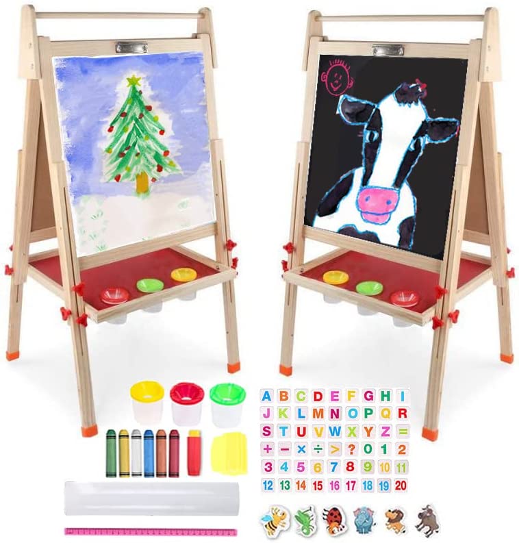 Photo 1 of DLone Easel for Kids, Wooden Art Easel Double-Sided Whiteboard and Chalkboard Adjustable Standing Easel with Paper Roll Holder,Magnetics, Numbers and Others,For Kids,Tollders, Boys and Girls (Natural)
