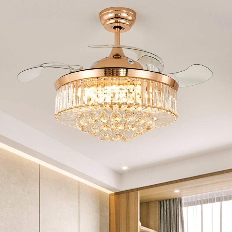 Photo 1 of  42" Crystal Ceiling Fan with Light Remote Control Retractable Blades Lighting Fixtures 3 Speeds 3 Color Changes Luxury Chandelier , Silent Motor With LED Bulbs Included (Gold)