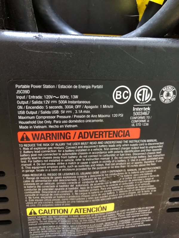 Photo 5 of STANLEY J5C09D Digital Portable Power Station Jump Starter: 1200 Peak/600 Instant Amps, 120 PSI Air Compressor, 3.1A USB Ports, Battery Clamps 1,200 Peak Amps