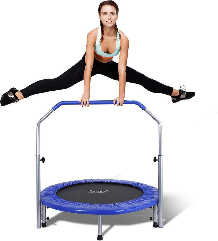 Photo 1 of SereneLife Portable & Foldable Trampoline - 40" in-Home Mini Rebounder with Adjustable Handrail, Fitness Body Exercise - SLSPT409, Blue
