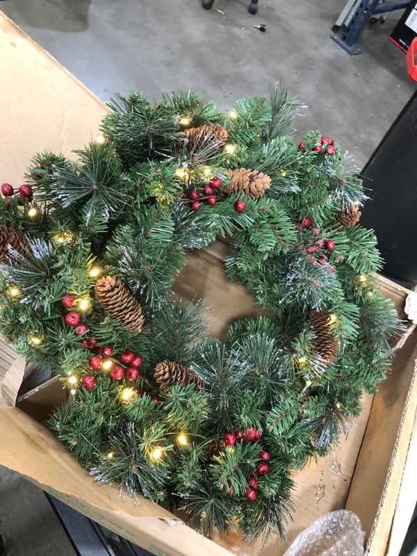 Photo 3 of *** TESTED*** National Tree Company Pre-Lit Artificial Christmas Wreath, Green, Crestwood Spruce, White Lights, Decorated with Pine Cones, Berry Clusters, Frosted Branches, Christmas Collection, 24 Inches Crestwood Spruce - 24 inch Battery Operated Wreath