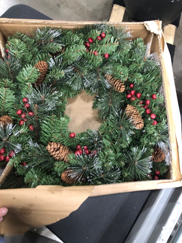 Photo 2 of *** TESTED*** National Tree Company Pre-Lit Artificial Christmas Wreath, Green, Crestwood Spruce, White Lights, Decorated with Pine Cones, Berry Clusters, Frosted Branches, Christmas Collection, 24 Inches Crestwood Spruce - 24 inch Battery Operated Wreath