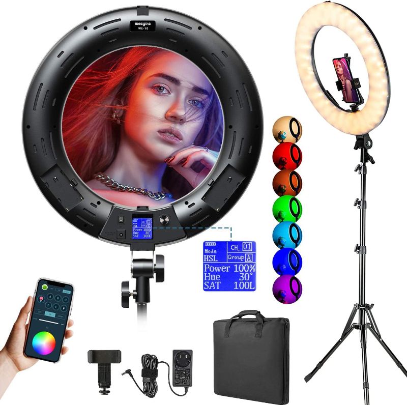 Photo 1 of Weeylite WE-10 18 inch RGB Ring Light with Phone Holder, LED Ring Flood Light Kit with Stand for Makeup/Selfie/YouTube/TikTok/Live Stream, 2500K-8500K/RGB/LCD Screen/APP Control Circle Video Light
