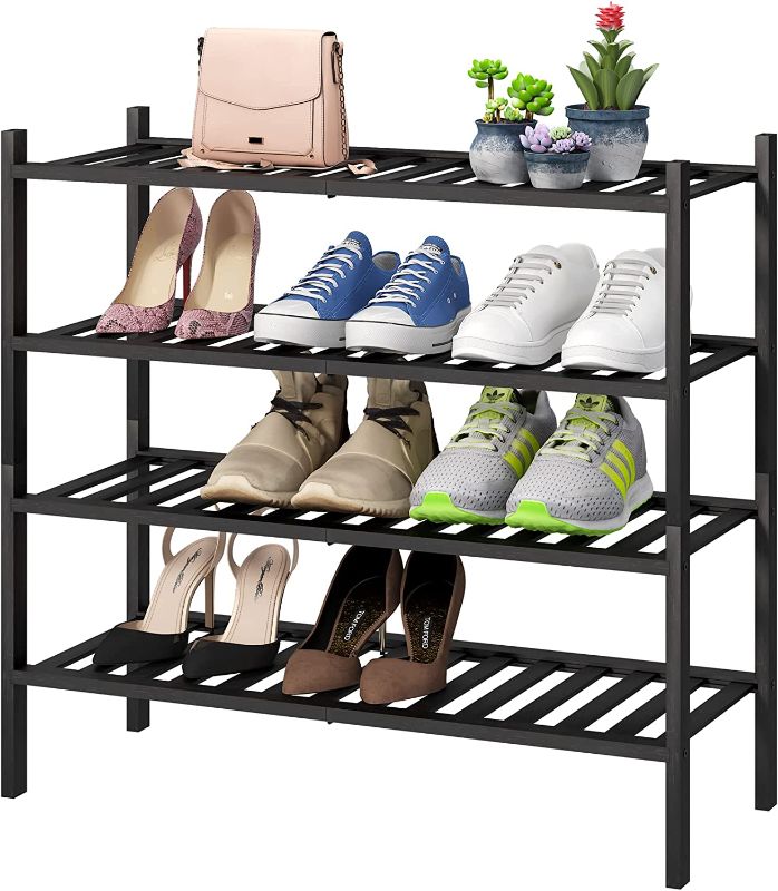 Photo 1 of 4-Tier Black Bamboo Shoe Rack for Entryway, Stackable | Foldable | Natural, Shoe Organizer for Hallway Closet, Free Standing Shoe Racks for Indoor Outdoor
