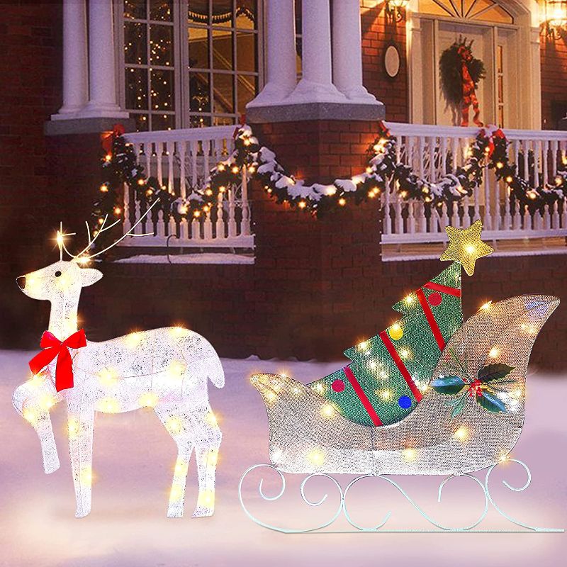 Photo 1 of ATDAWN Lighted Christmas Reindeer Sleigh Outdoor Yard Decoration, 50 Lights Christmas Deer Outdoor Decoration, Outdoor Lighted Holiday Deer Christmas Yard Decoration Light Up Display

