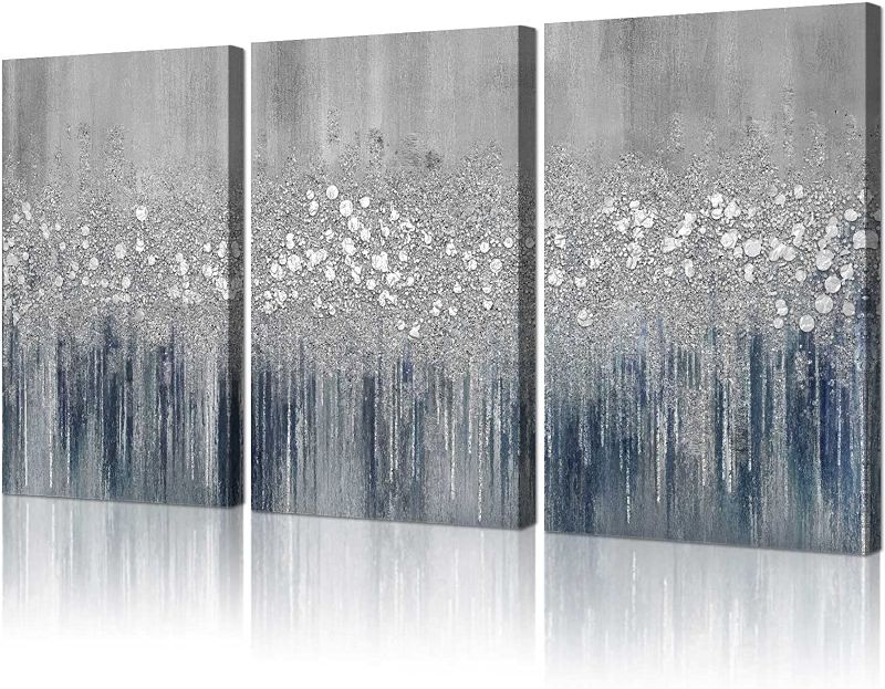 Photo 1 of Abstract Wall Art Decor, Blue and Grey Fluid Canvas Print Pictures Modern Framed Artwork for Living Room Bedroom Home Decorations, 16"x 24"x 3 Panels
