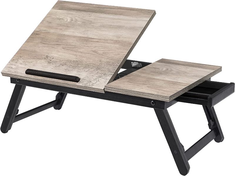 Photo 1 of SONGMICS Laptop Desk for Bed or Sofa with Adjustable Tilting Top, Breakfast Serving Tray with Height Adjustable Folding Legs, Fits Screen Size up to 15.6 Inches, Floor Desk, Greige ULLD105W01
