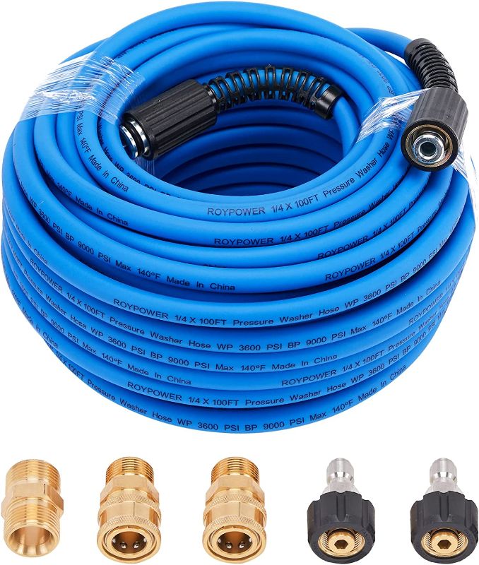 Photo 1 of **** USED ****
FIXFANS Pressure Washer Hose – 1/4" X 100 FT High Power Washer Extension Hose – Kink & Wear Resistant High Pressure Hose for Replacement – Compatible with M22 Fittings – 3600PSI
