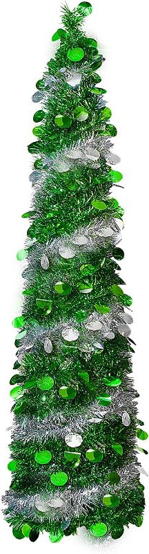 Photo 1 of 5FT Pop Up Christmas Tree with 50 LED String Lights, Collapsible Tinsel Xmas Tree, Lighted Artificial Pencil Tree for Xmas Home Decorations Indoor Outdoor (Green Silver)