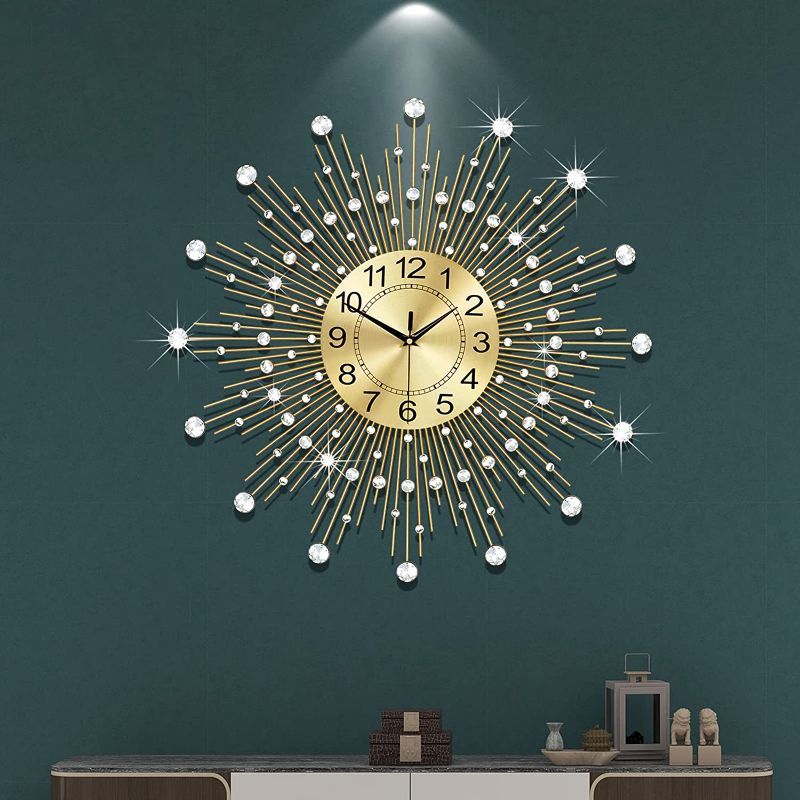 Photo 1 of FLEBLE Extra Large Wall Clocks for Living Room Decor Big Silent Wall Clock Battery Operated Non-Ticking for Bedroom Kitchen Gold Metal Crystal Decorative Wall Watch Clock Quartz for Home Office Indoor
