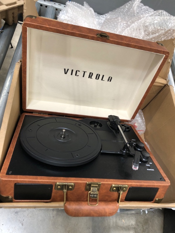 Photo 2 of Victrola Vintage 3-Speed Bluetooth Portable Suitcase Record Player with Built-in Speakers | Upgraded Turntable Audio Sound| Includes Extra Stylus | Brown
