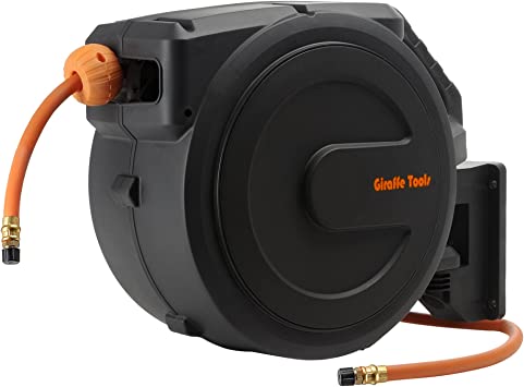 Photo 1 of Giraffe Tools Retractable Air Hose Reel Enclosed with 3/8 in. x 50 ft Hybrid Hose, Lightweight Compressor Hose Reel Wall Mounted with 180° Swivel Bracket, 300 PSI
