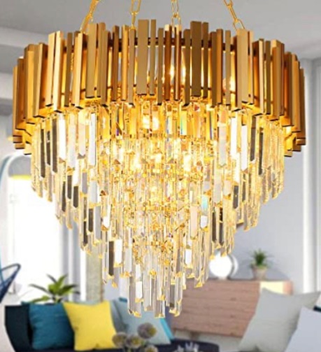 Photo 1 of ZJNDJL Gold Flush Mount Crystal Chandelier Ceiling Light Fixture, 5-Tier 12-Lights Modern Luxury Round Large Pendant Lighting for Dining Room, Living Room, Bedroom, Foyer Entryway, Dia 23.6"
