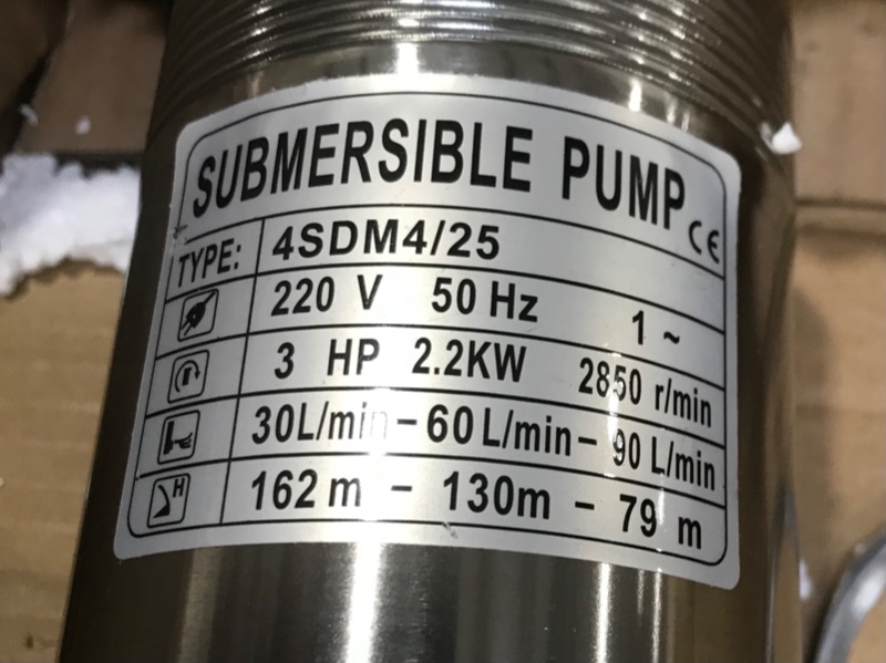 Photo 3 of (Used - Parts Only) VEVOR Deep Well Submersible Water Pump, 3HP 220V 50 Hz, Stainless Steel w/5 FT Cable Wire, 1.25" Water Outlet, 42 GPM & 630 Ft Head, Versatile Application 3HP-220V