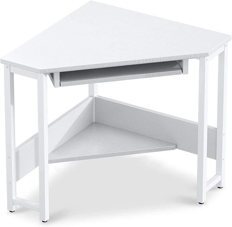 Photo 1 of ODK Corner Desk, Triangle Computer Desk, Sturdy Steel Frame for Workstation with Smooth Keyboard Tray & Storage Shelves, White
